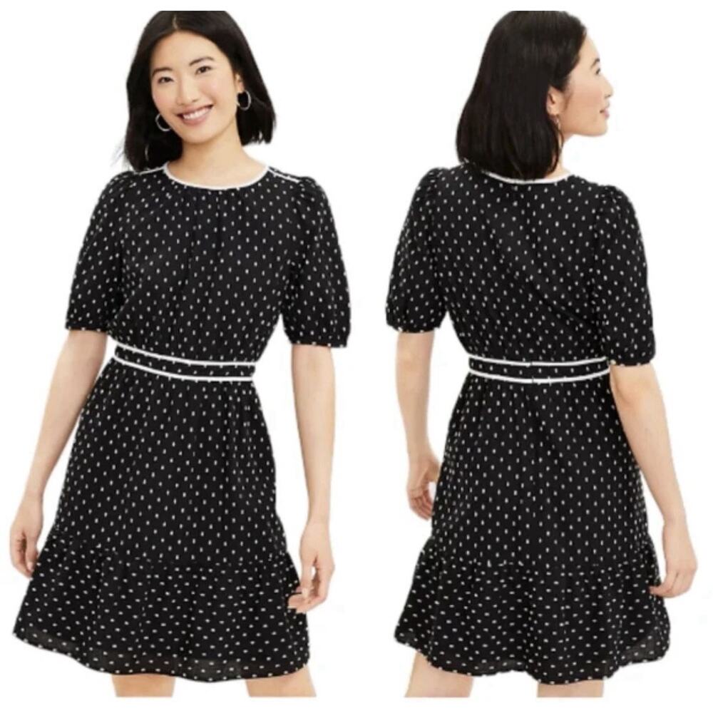 LOFT Black Polka Dot Midi Dress with White Trim